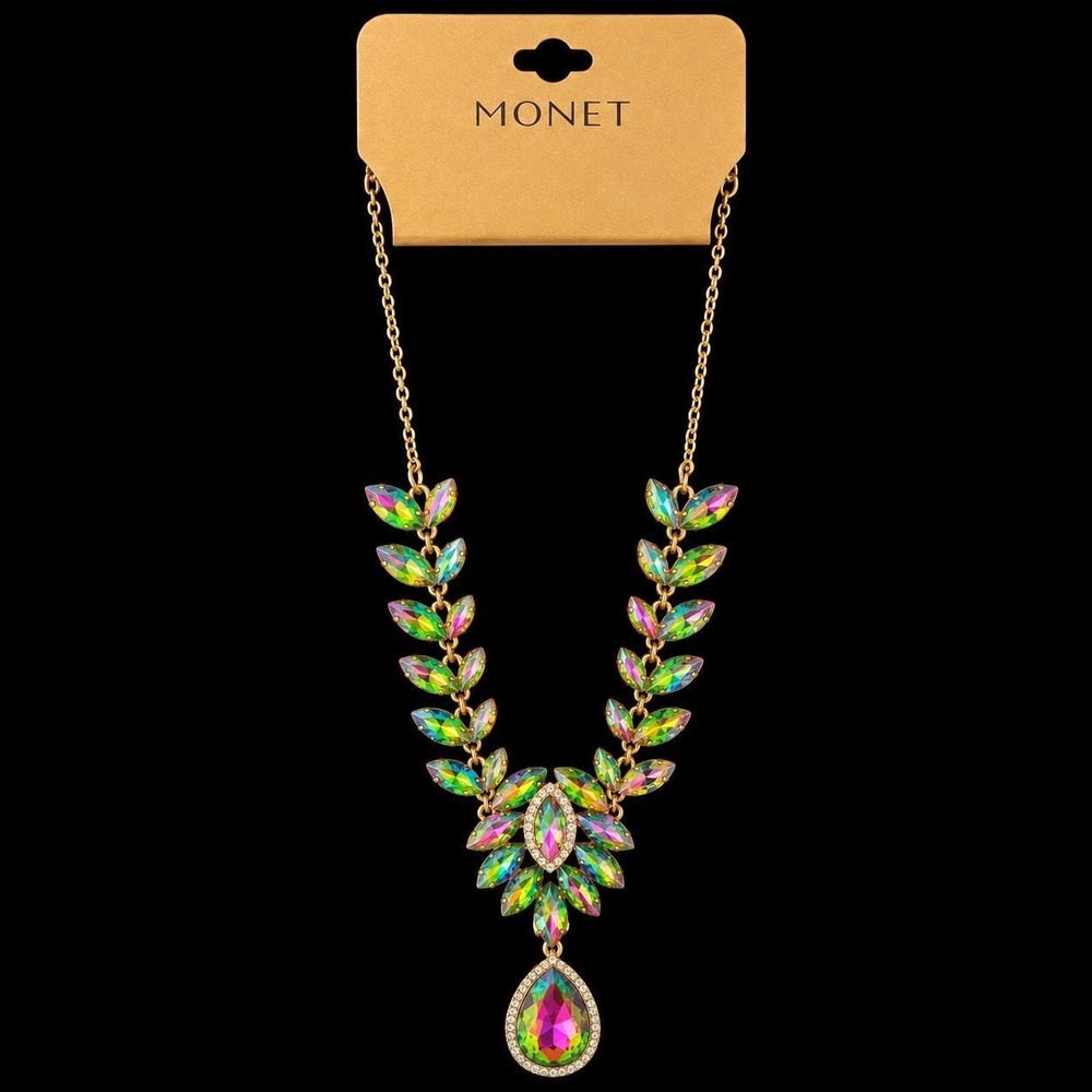 Vintage Monet Aurora Borealis Crystal Statement Necklace Gold Tone Sample New